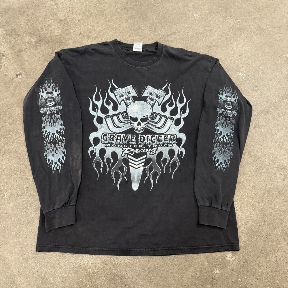 Vintage Y2K Shirt Mens XL Grave Digger Monster Truck Racing Skull Engine Flame